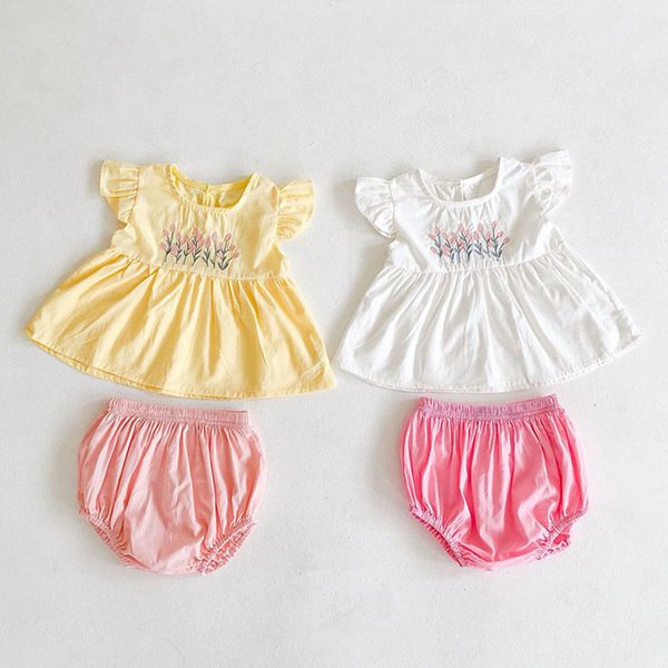 Bebek Kıyafetleri Giysileri Set Born Işlemeli Fly Kollu Üst ve Pantolon Ekmek Bebek Kız Giyim 0-2Yrs 210429