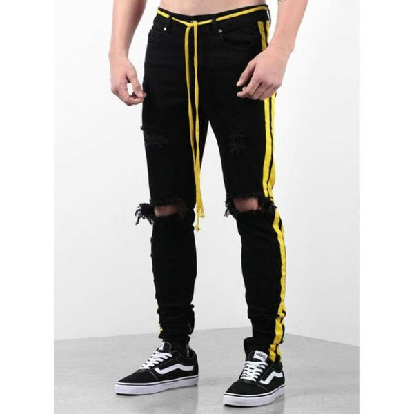 

men's pants cool style men slim frayed destroyed ripped skinny stretch casual long pencil pant for male plus size, Black