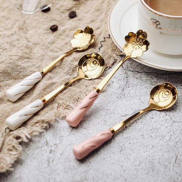 

spoons flower shape dessert spoon tea coffee mixing stainless steel with ceramic handle ice cream kitchen tableware