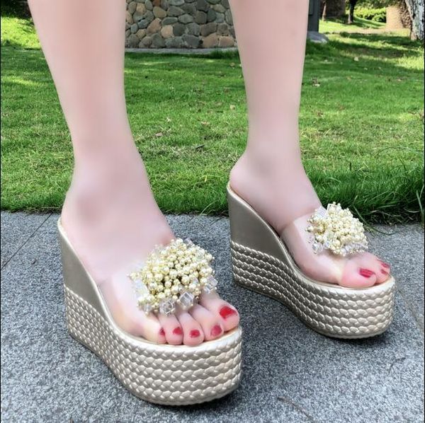 

12cm women's shoes transparent pearl high-heeled platform fashion wear open toe sandals, Black