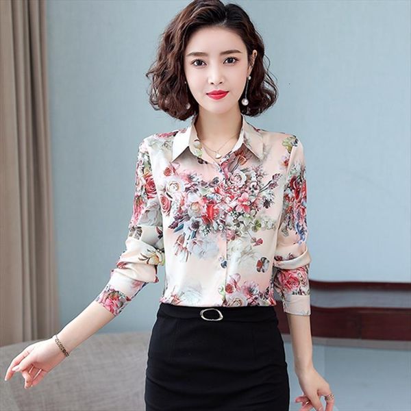 

tingyili vintage satin silk floral women shirts spring autumn long sleeve womens korean office wear elegant ladies, White