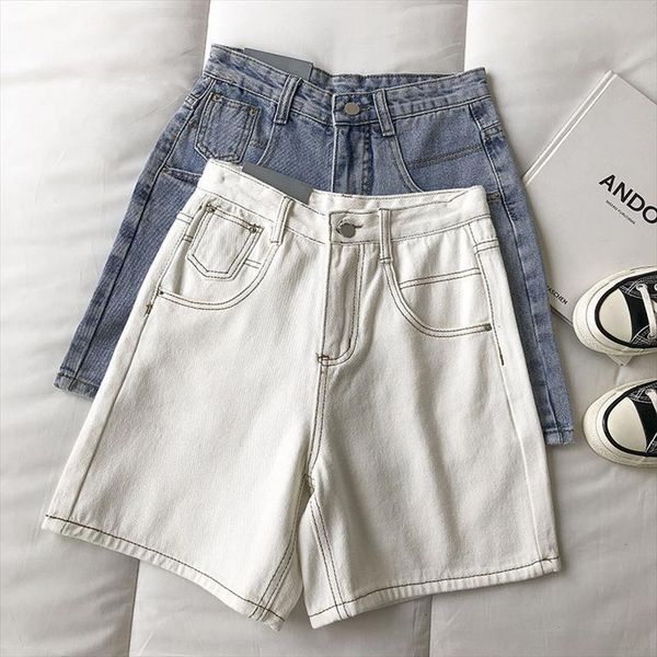 

loose jeans feminino summer casual womens short vintage bright line decoration denim pants women harajuk high waist white, White;black