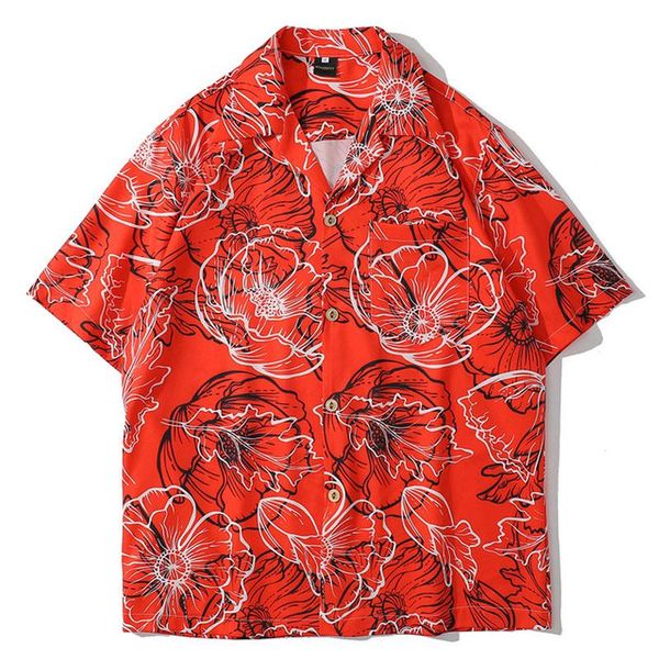

men's casual shirts mens oversize hawaiian flower plant print turn-down collar shirt hiphop streetwear holiday male tropical top, White;black
