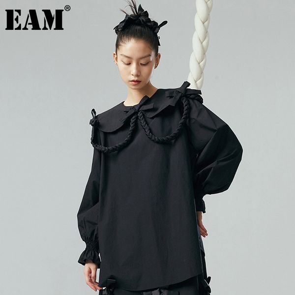 

[eam] women black white bow irregular casual dress round neck long sleeve loose fit fashion spring autumn 1dd6224 21512, Black;gray