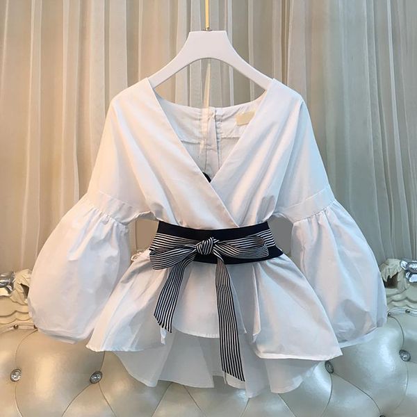 

women's blouses & shirts women elegant puffy sleeve v-neck spring summer blouse top, White
