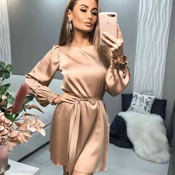 

women casual o-neck satin mini dress solid lantern sleeve sashes a line party fishtion spring elegant 210623, Black;gray