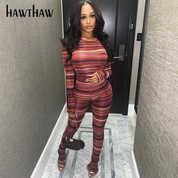 

women's two piece pants hawthaw women autumn long sleeve striped printed t shirt pant set suit 2021 fall clothes wholesale items, White