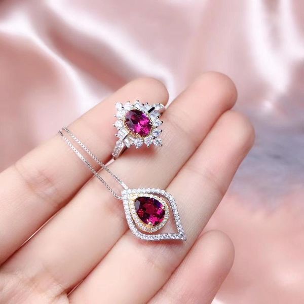 

natural real red garnet luxury style jewelry set 1pc ring 1pc pendant gemstone 925 sterling silver, Black