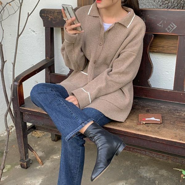 

sweaters autumn knitted sweater coat korean chic lapel lazy style long sleeve single-breasted cardigan woman clothes, White;black