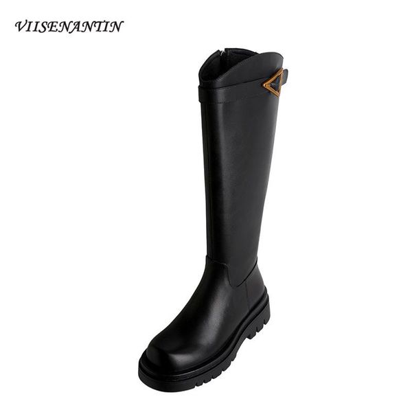 

boots autumn and winter round toe thick-soled belt buckle decorative side zipper high-knight, Black