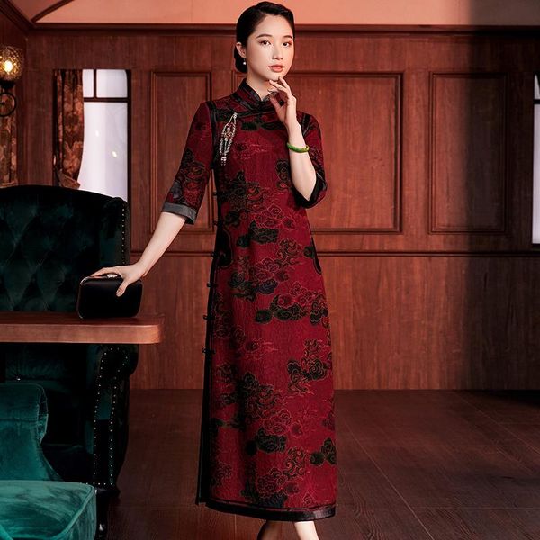 

chinese wind restoring ancient ways if watered gauze temperament of 7 minutes sleeve long traditional qipao dress ethnic clothing, Red