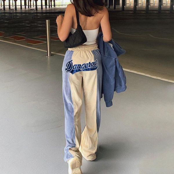 

women's pants & capris european and american autumn winter style contrast color appliqué embroidered letters mid-waist lace-up hip-wrap, Black;white