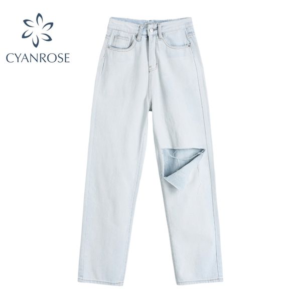 

spring high waist women's jeans fashion loose destroyed hole denim pants casual vintage female wide leg trousers 210430, Blue