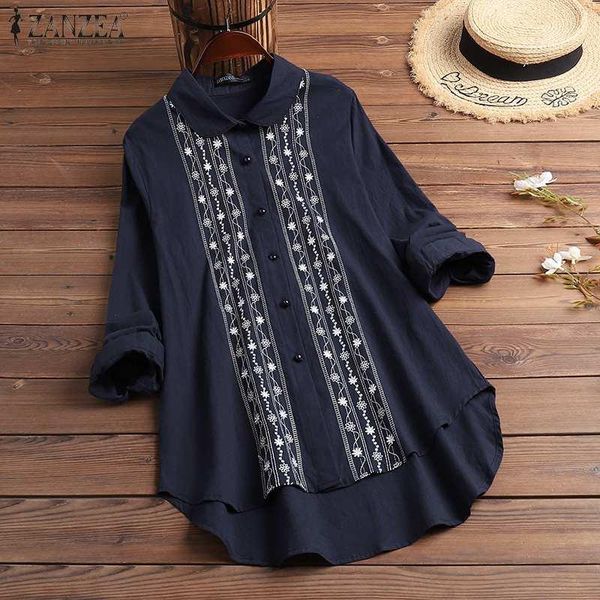 

women embroidery blouse zanzea vintage shirts 2021 autumn casual long sleeve blusas female lapel button plus size tunic 5xl women's bl, White