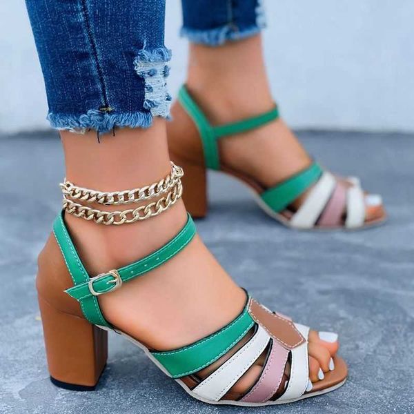 

sandals summer fashion trend women multi leather patchwork square heel peep toe buckle office dress party shoes ladies female qf2j, Black
