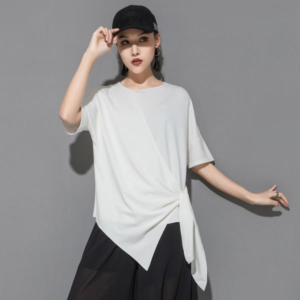 

summer stitching irregular t-shirt street fashion brand bow thin short sleeve top, White