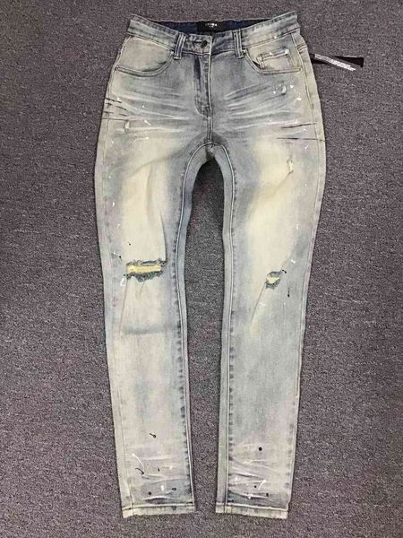 

second hair am 2021 fashion blue one knee hole splashing ink slim little foot denim pants men's fashion