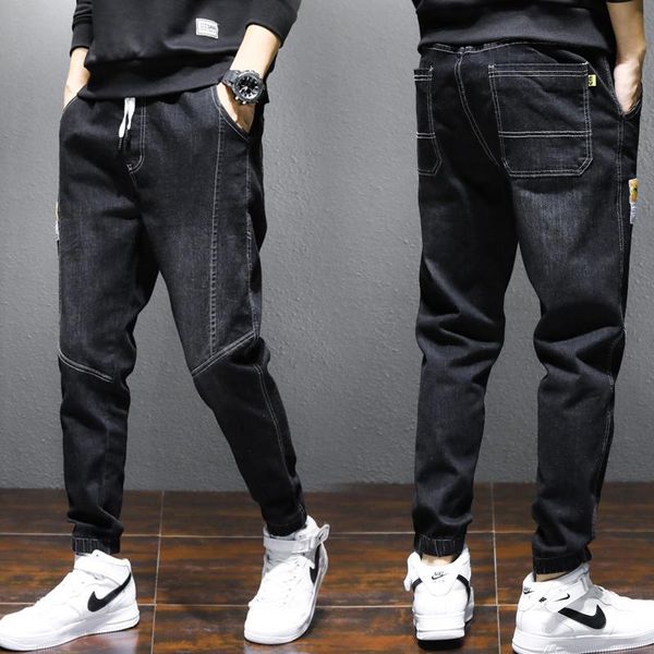 

men's jeans loose harem japanese slim pants autumn elastic waist drawstring, Blue