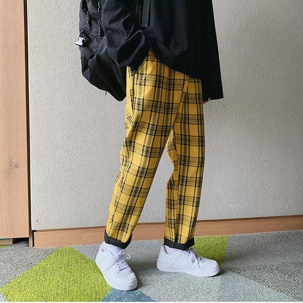 

streetwear yellow plaid pants men joggers 2021 man casual straight harem korean hip hop track plus size men's, Black