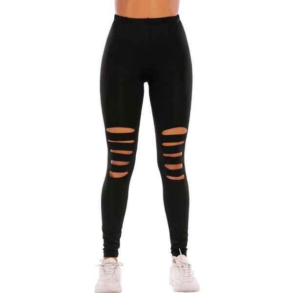 

women's leggings lady high street fashion ripped leopard women ankle skinny hole legging active bottom wear, Black