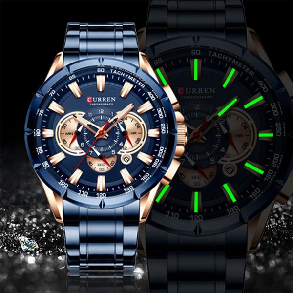 

wristwatches curren men's watch blue quartz wristwatch sports chronograph clock male stainless steel band fashion business, Slivery;brown