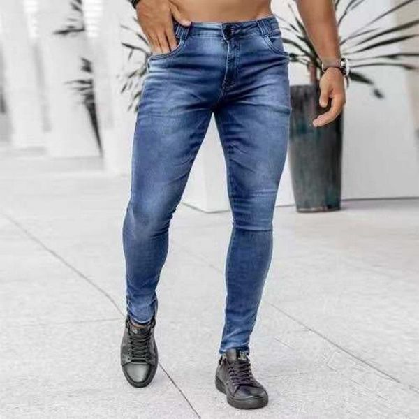 

men's jeans men pants denim trousers straight slim fit skinny elasticity biker mid waist pencil streetwear 2021 fa, Blue