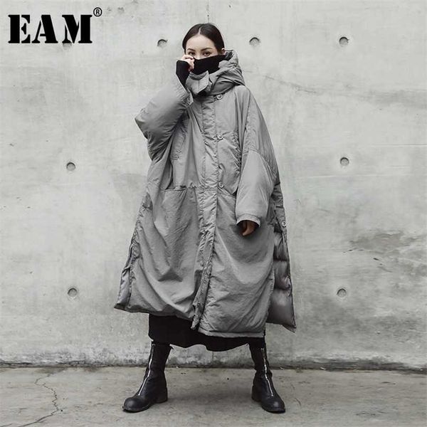 

[eam] hooded cotton-padded gray oversize long warm coat sleeve loose fit women parkas fashion spring autumn je02002 211018, Black