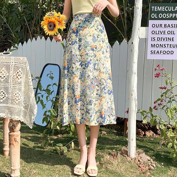 

skirts chiffon printed floral skirt women spring summer high waist big swing long a-line, Black