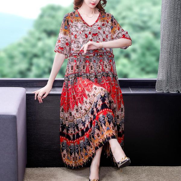 

casual dresses loose 4xl plus size beach midi dress 2021 summer women print short sleeve vintage sundress elegant bodycon party vestidos, Black;gray