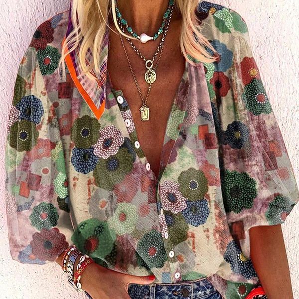 

floral print summer women shirts single breasted 3/4 lantern sleeve female shirt autumn casual oversized streetwear ladies 210524, White