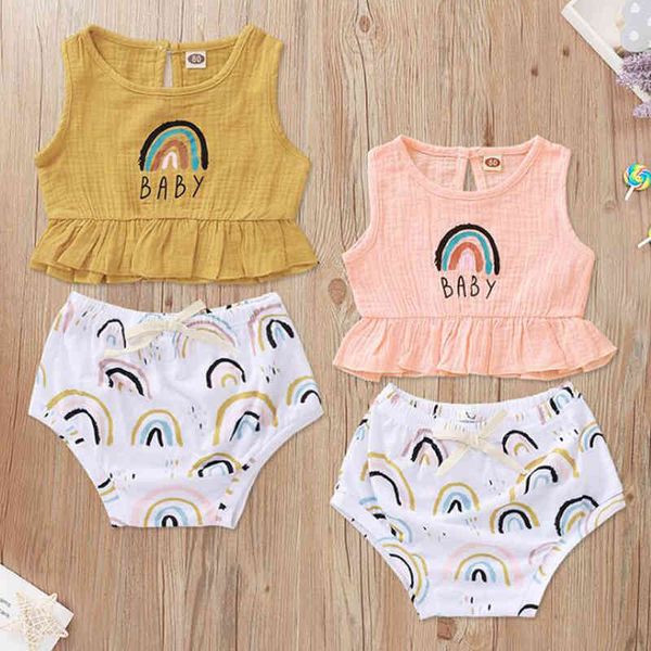 

infant baby girls sleeveless rainbow printing + shorts pants clothing sets kids girl clothes suit 210429, White