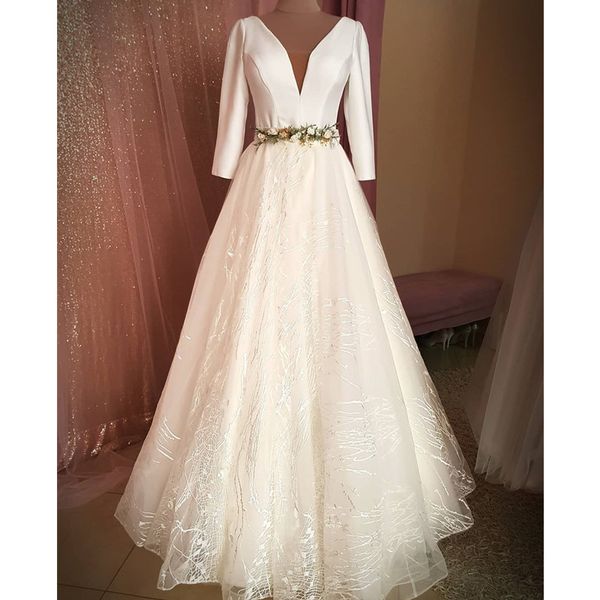 

2021 elegant white wedding dress a line satin long sleeves v neck bridal gowns