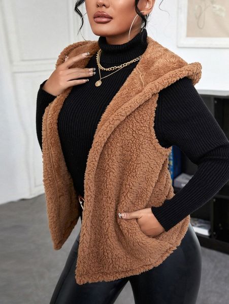 

sxy solid teddy hooded slant pocket jacket v4hm#, Black;brown