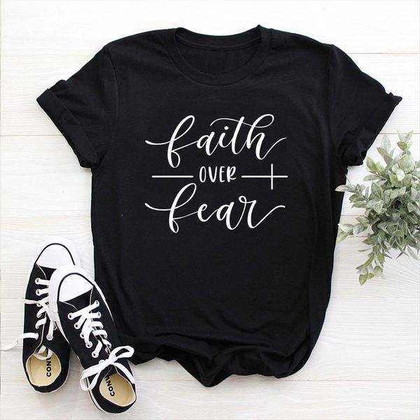 

faith over fear letter mens print men short sleeve o neck loose ladies summer fashion tee clothes, White;black