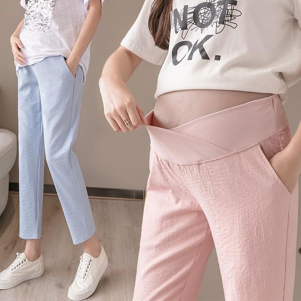 

922# spring summer thin cotton linen maternity pants 9/10 elastic waist belly casual clothes for pregnant women pregnancy bottoms, White