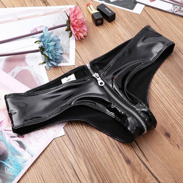 Mulheres látex wetlook briefs calcinha sexy lingerie cueca preto preto brilhante pu couro zíper virilha thongs bikini underwear erótico mulheres