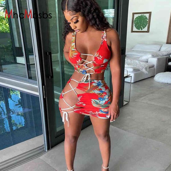 

summer straps sleeveless crop hollow out mini skirts two-piece set women's fashion bandage printed wrap hip outfits 210517, White