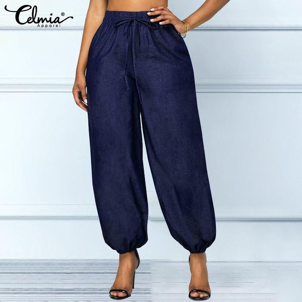 

women's pants & capris 2021 fashion women demin harem celmia high elastic waist jeans palazzo casual trousers baggy pantalon femme plus, Black;white