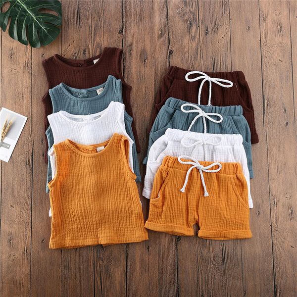 

ins wholesale baby kids girls boys children clothing sets organic linen cotton suits short sleeve straps shorts 2pieces summer outfits, White
