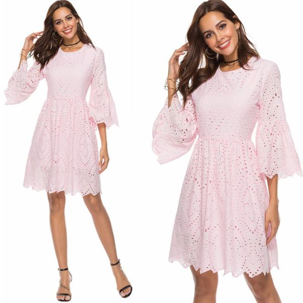 

casual dresses summer woman's round neck sleeved cotton heavy embroidery lace formal dress female party boho, Black;gray