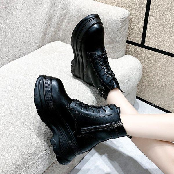 

boots warm zipper lace up thick sole pu leather ladies ankle black shoes drop 2021 winter women chunky platform