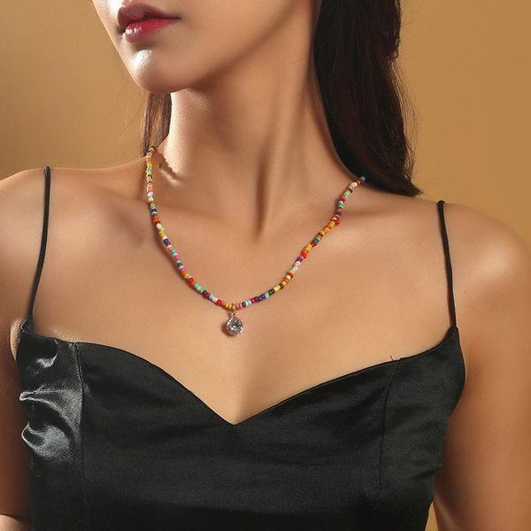 

pendant necklaces handmade colorful beaded strand necklace small shiny crystal long for women summer bohemian ethnic jewelry, Silver