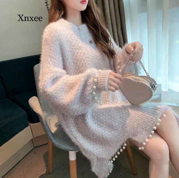 

women's sweaters pearl pink long sweater dress winter elegant heavy irregular tassel batwing sleeve o-neck korea cute, White;black