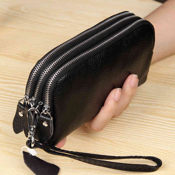 

mj women long wallet genuine leather 3-layer zipper purse bag large capacity wristlet clutch wallets phone money purses, Red;black
