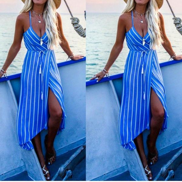 

casual dresses women backless slip dress 2021 summer bohemian striped print maxi fashion wrap drses, Black;gray