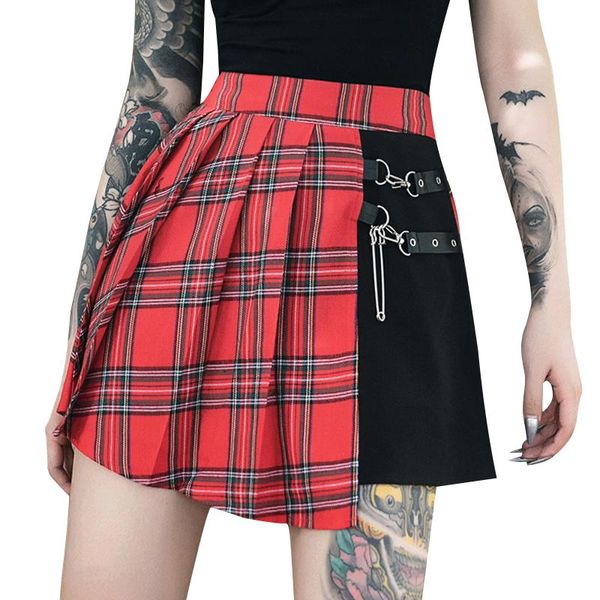 

skirts women's mini pleated skirt, punk style high waist plaid print a-line short skirt with belts, Black