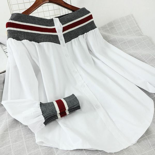 

spring autumn women's patchwork shirts striped navy style loose retro shirt long sleeve lantern woman t-shirt, White