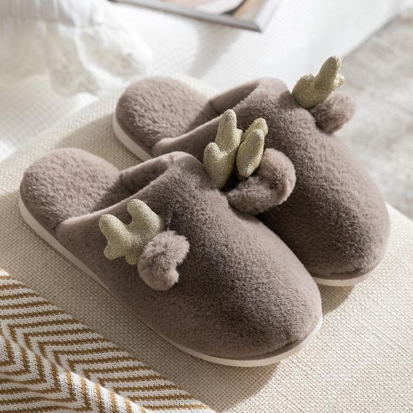 

slippers antlers couples warm non-slip cartoon cute home plush soft foundation women shoes indoor woman, Black