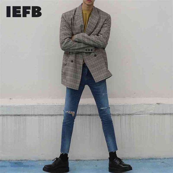 IEFB Cappotto da uomo vintage Cappotto moda coreana Casual Blazer grigio allentato Primavera Cappotti a maniche lunghe doppio petto 9Y5304 210524