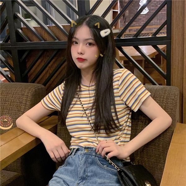 

rainbow striped short-sleeved t-shirt women summer 2021 korean version loose and thin all-match women's, White